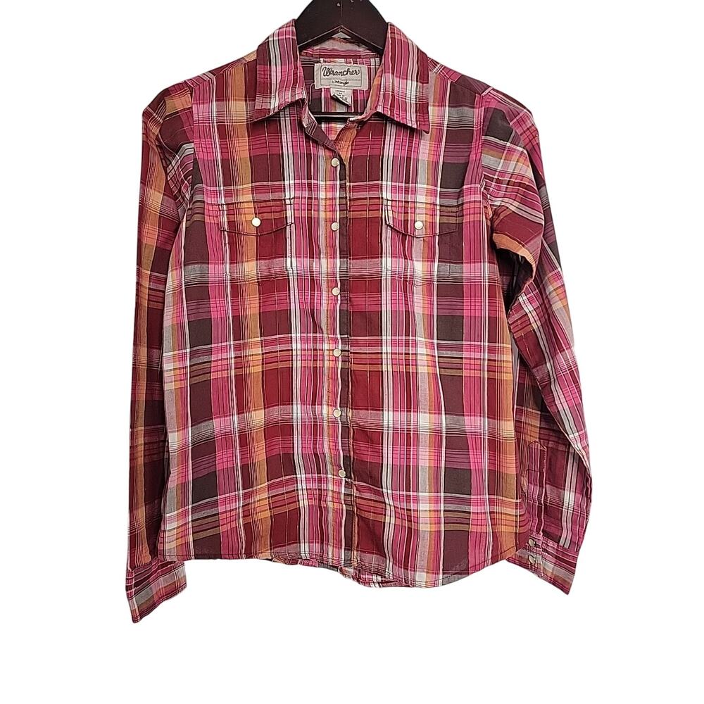 Wrangler Rancher Womens Medium Pink Plaid Pearl Snap Western‎ Rodeo Shirt NWOT